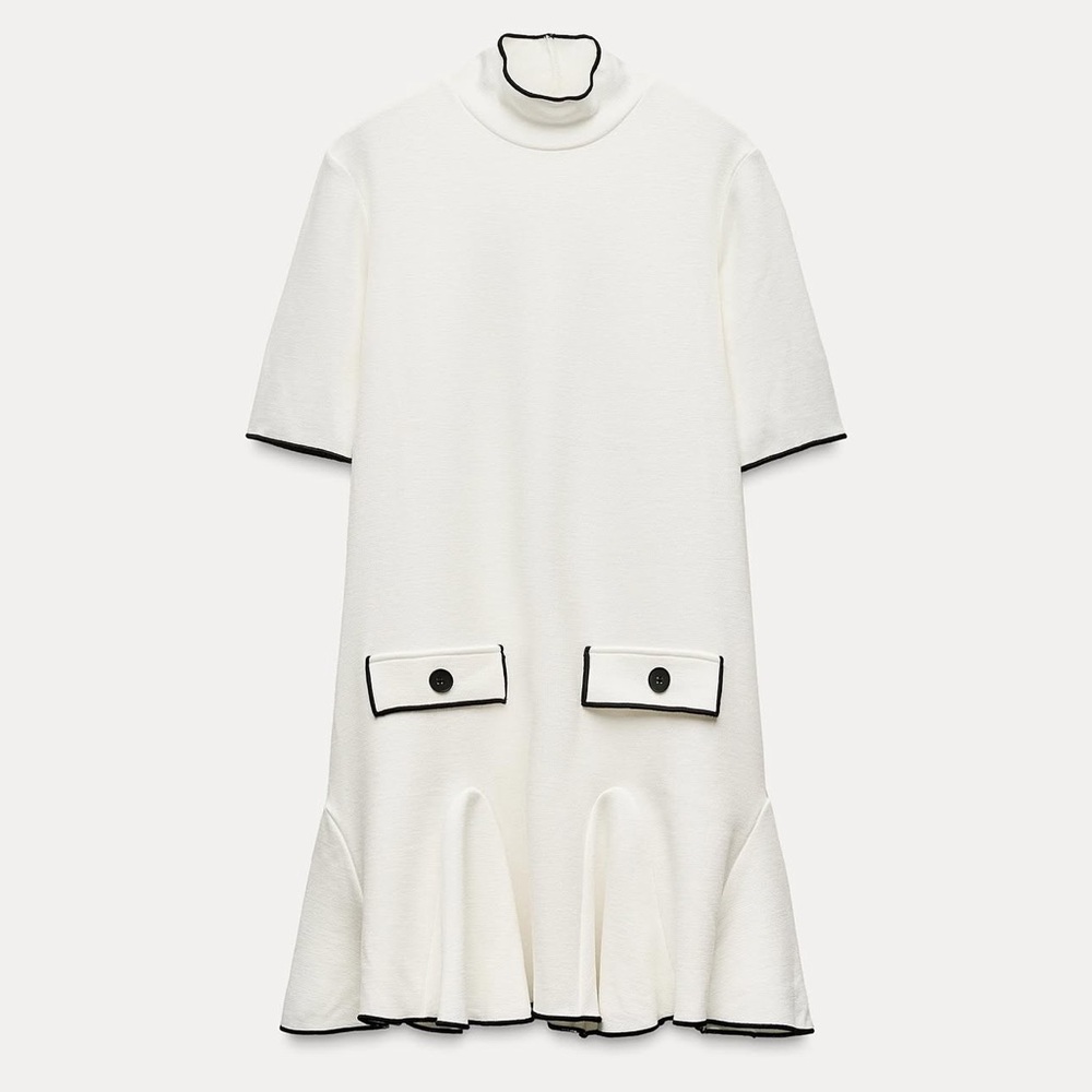 NWT ZARA white A-line mini dress with black contrast piping size L